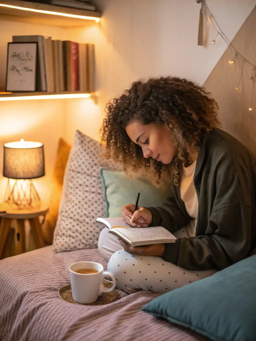 A close-up shot of a woman journaling in a cozy, sunlit room, representing the self-reflection and personal growth facilitated by wellness coaching.